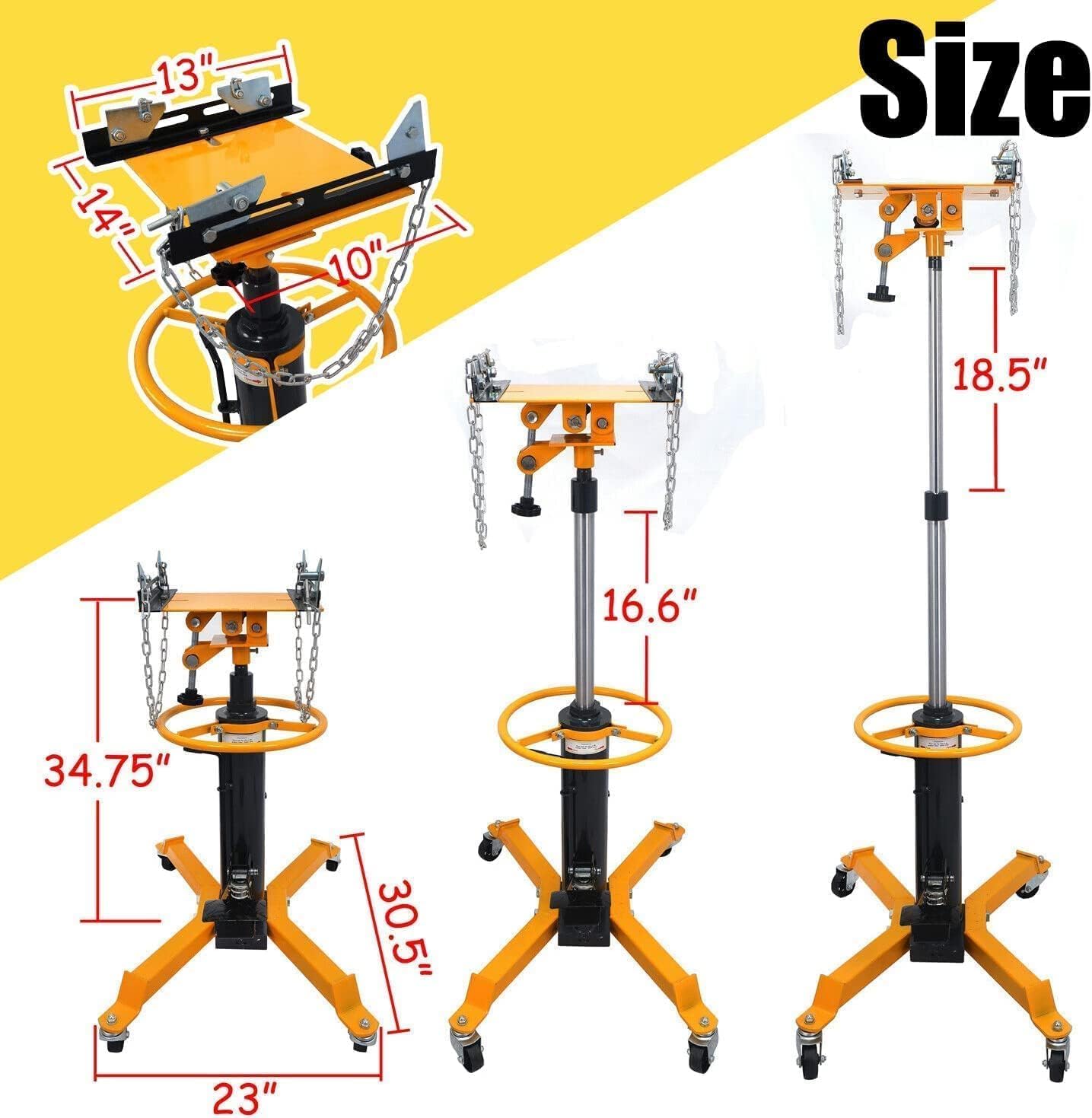 1660 lbs Hydraulic Transmission Jack, 0.5 Ton 2-Stage Telescoping Lift for Car Garage & Shop, 34" - 70" Adjustable Height Transmission Hoist with 360° Swivel Wheels and Foot Pump (Yellow)