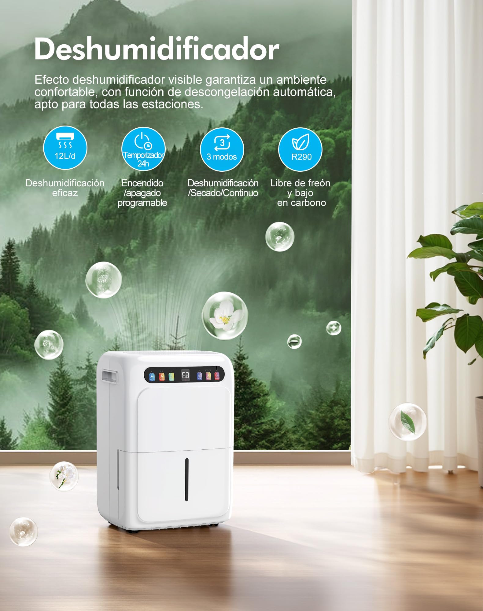 Deshumificadores de Humedad, Deshumidificador 20L, Tanque de Agua de 6L, Modo Secado de Ropa, Pantalla Digital, Sensor Automático de Humedad, Temporizador de 24H