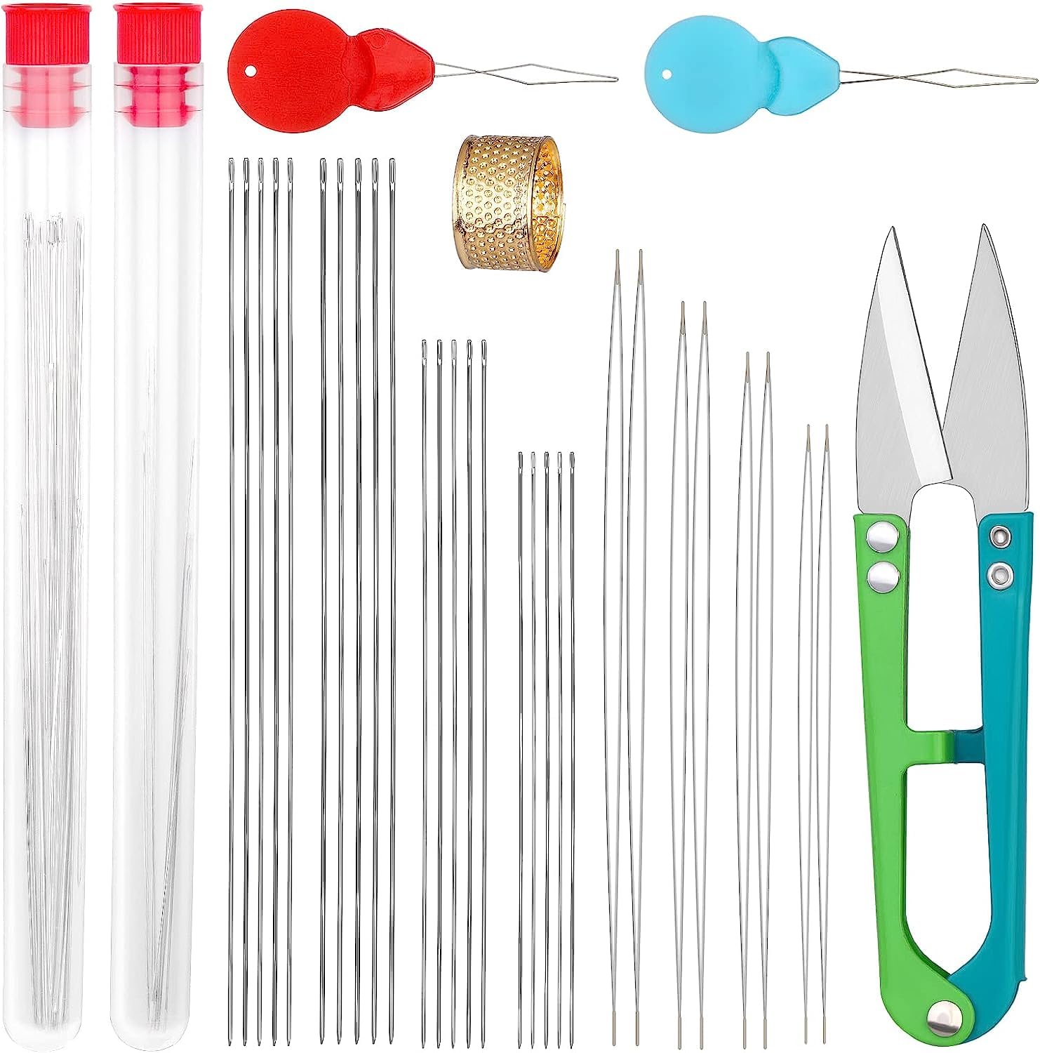 Azonee 28 Pcs Beading Needles Set Include 20 Pcs Long Straight Beading Thread Needles 8 Pcs Big Eye Beading Needles Embroidery Needles with Needle Bottle Thimble Needle Threaders for Jewelry Making