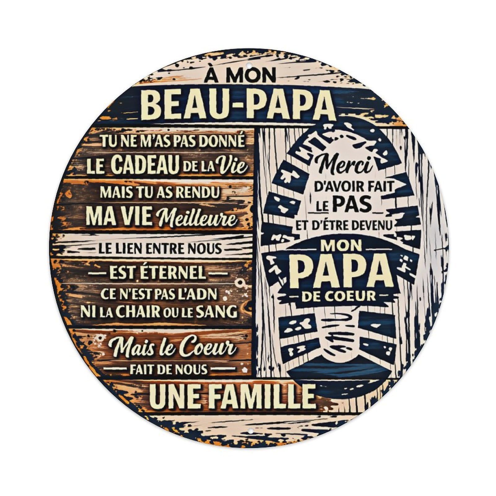 Distressed Wood Plank French Thank You Stepfather Quote Round Tin Sign Vintage Aluminium Metal Sign, Retro Wall Decor for Home, Bar, Garage & Farmhouse 20x20cm