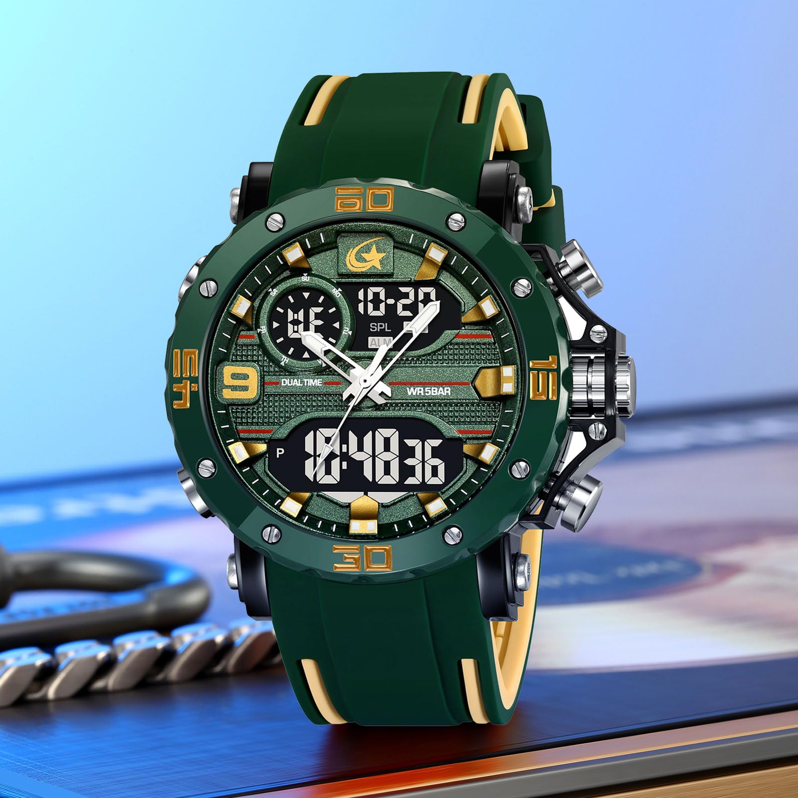 findtime Reloj de hombre militar digital analógico deportivo para exteriores, doble hora, resistente al agua, iluminación LED, esfera grande, reloj con alarma, fecha, 12/24 h, cronómetro, cronómetro