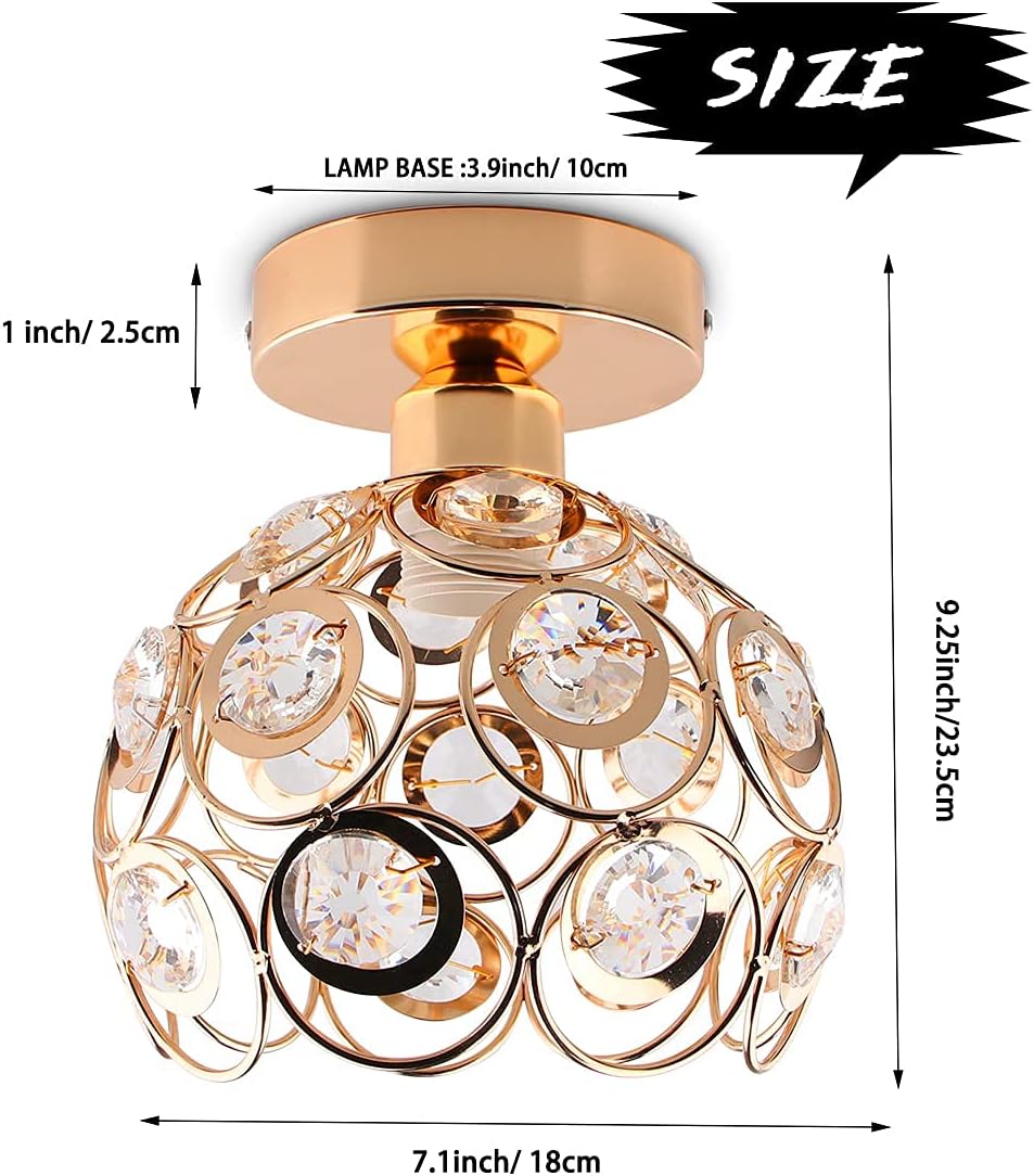FRIXCHUR Gold Chandelier Ceiling Light Small Chandelier Hallway Ceiling Light Fixture Flush Mount Crystal Lighting Metal Light Shade for Hallway Kitchen Bedroom Porch Dining Bathroom,E26 Socket