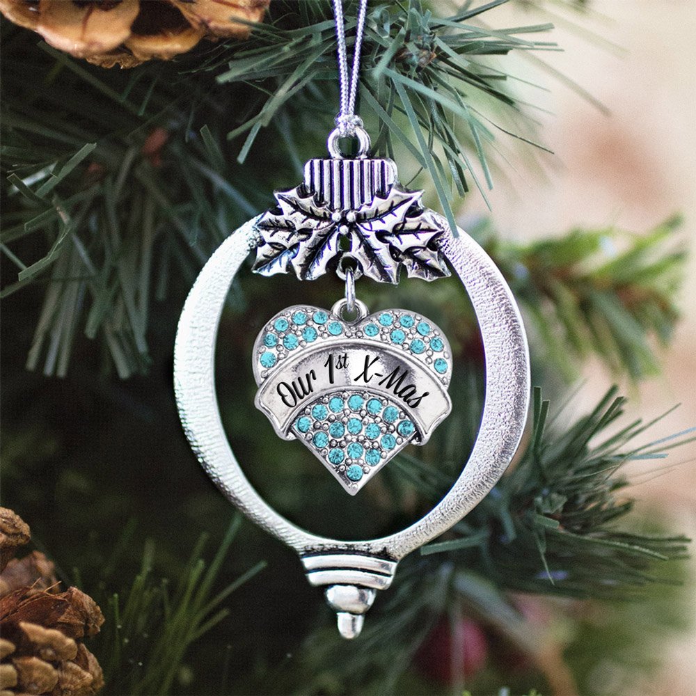 Inspired Silver - Our 1st X-Mas Aqua Charm Ornament - Silver Pave Heart Charm Holiday Ornaments with Cubic Zirconia Jewelry