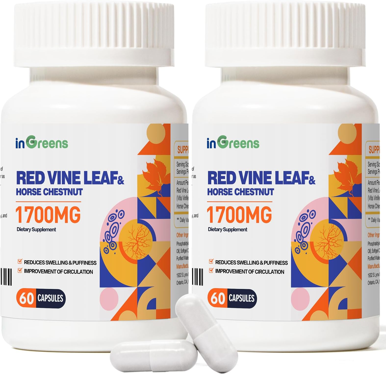 1700mg Red Vine Leaf Extract & Horse Chestnut Extract Supplements, Supports Vein, Skin Health, Circulation for Legs, 2Pack