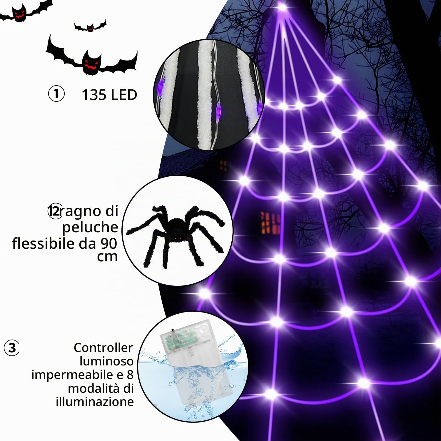 Halloween Decorazioni，135 LED Ragnatela Decorazioni Halloween Case, 40 g Retrattile Ragnatele Halloween con 90 cm Finto Grande Ragno, 8 Modelli Viola Impermeabile Halloween Luci