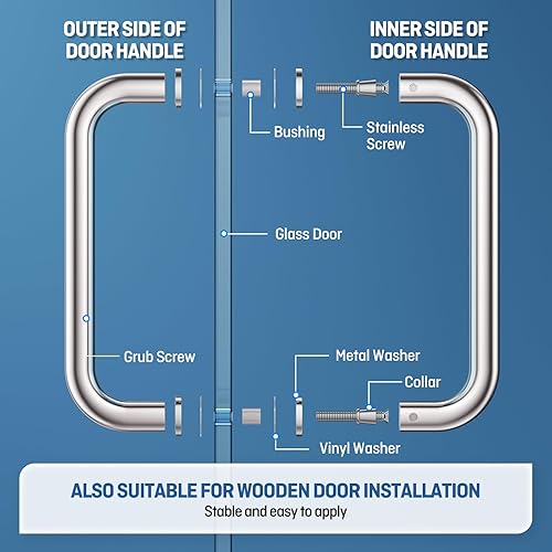 Miniatura 6 de Ranbo Manija tubular de puerta de ducha de cromo pulido de 8 pulgadas (CTC), acero inoxidable 304 de 14 a 12 pulgadas de grosor y puertas de madera