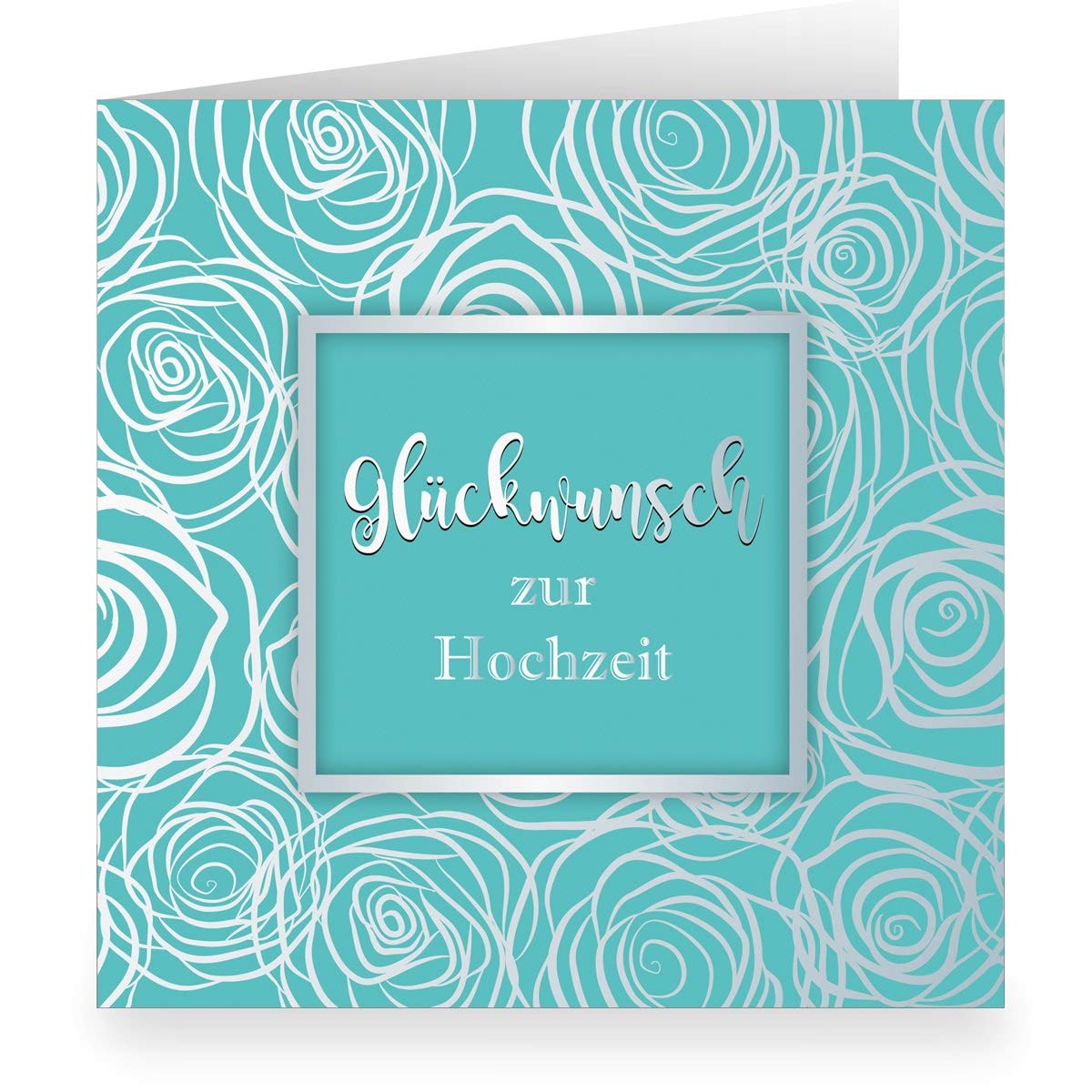 Kartenkaufrausch 12 x Frische Hochzeitskarte türkis mit Rosen Blüten modern üppig in Silber Optik (quadratisch, 15,5x15,5cm inkl Umschlag) Glückwunsch zur Hochzeit- große XL Karte