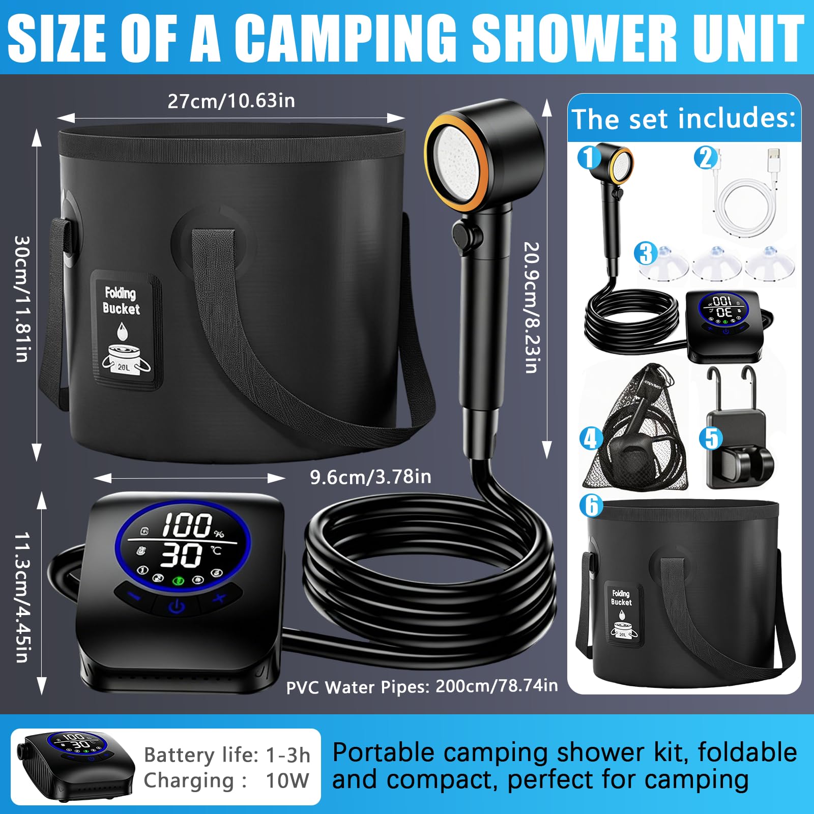 Douche De Camping Portable, Pompe De Douche 8000mAh avec Affichage De La Température Kit De Douche Mobile étanche IPX8 avec Pommeau De Douche Pliable Et Tuyau De 2 M pour Les Voyages
