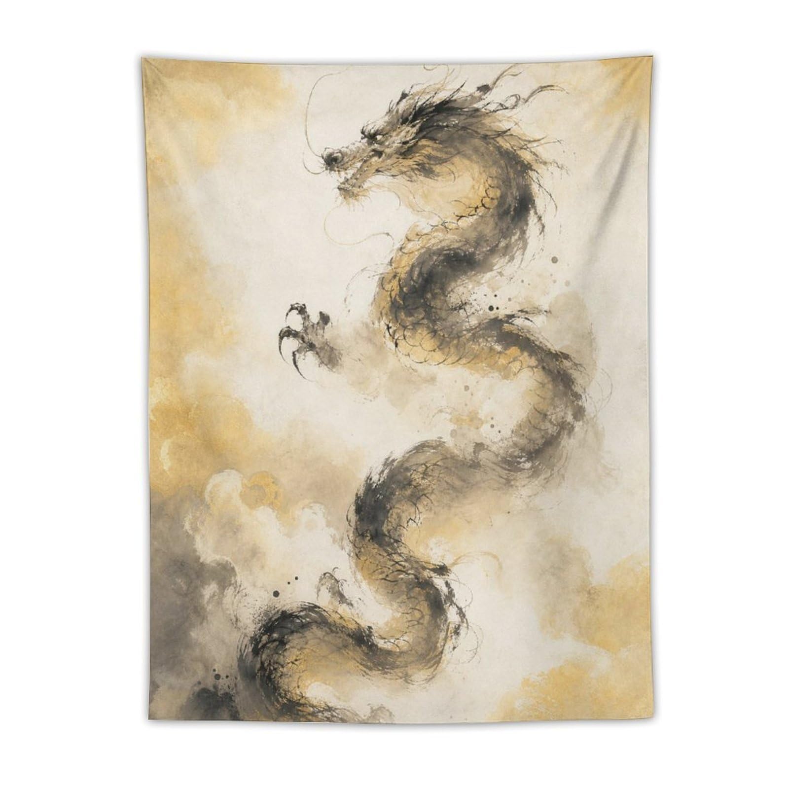 W7C8U2X3 Ink Dragon with Small Bird Wall Tapestry, Asian Ink, Asian Brush
