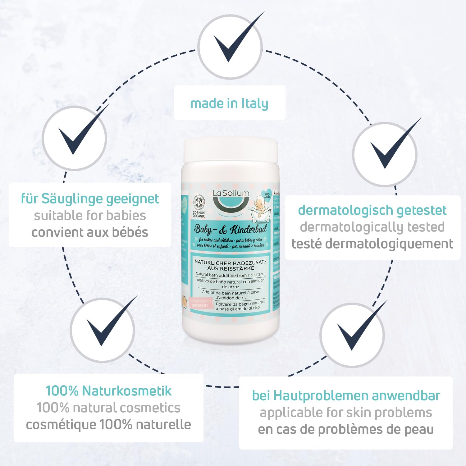 Bio Polvo de almidón de arroz – baño para bebés 100% natural – calma la piel sensible de niños y bebés - sin perfume y dermotológicamente testado