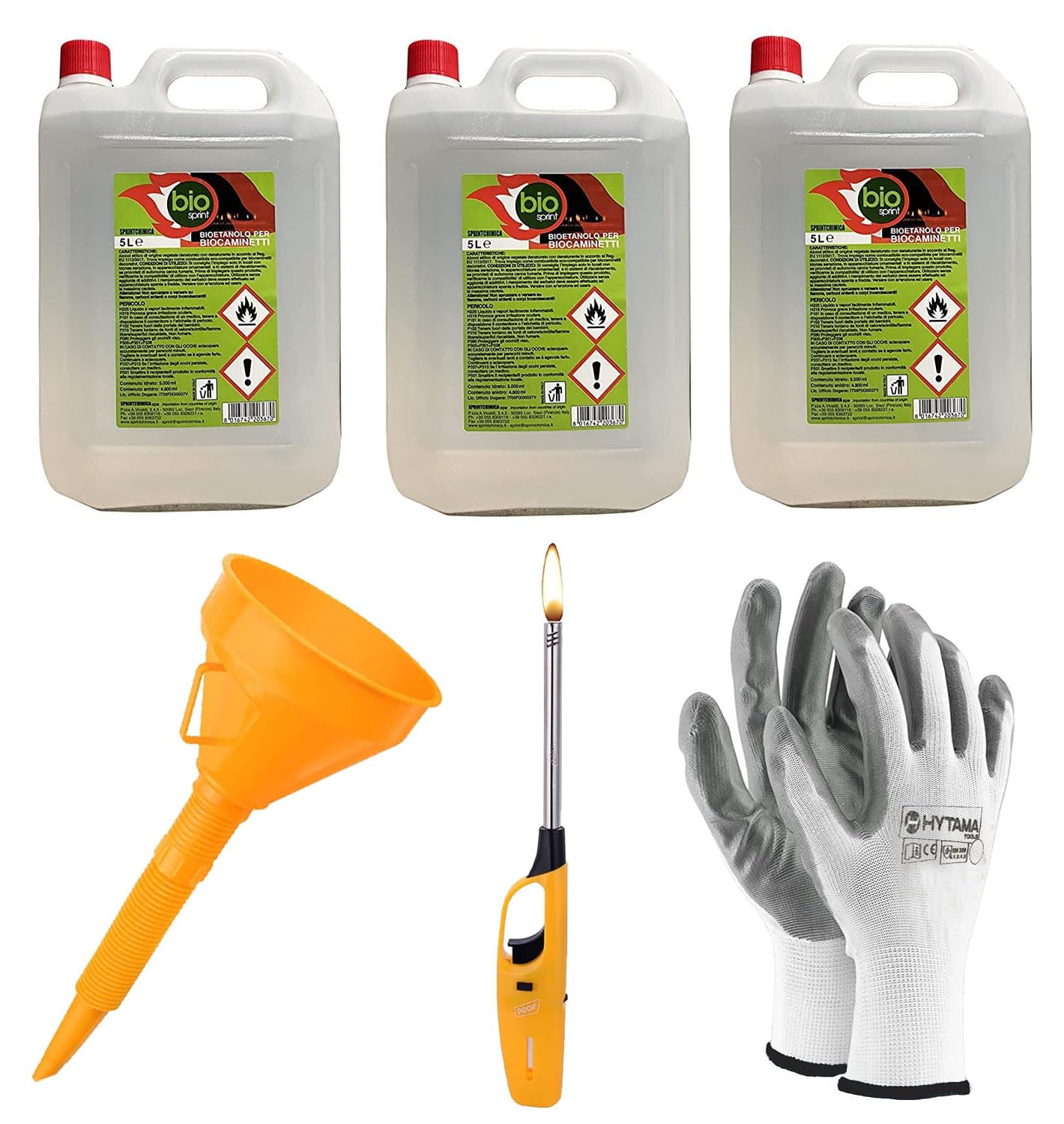 3 Pezzi - Bioetanolo combustibile stufe Bio Sprint 5 litri 99,9% inodore no fumo naturale no zolfo + Accendino + Imbuto + Guanti Omaggio