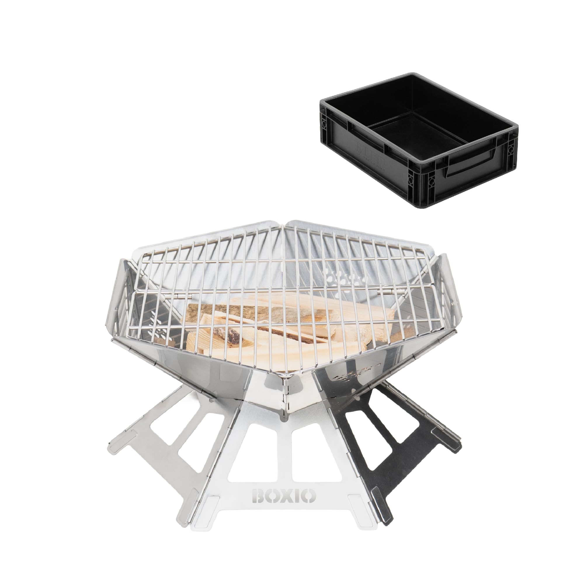 BOXIO - Fire : brasero en acier inoxydable avec grille de cuisson – Cheminée octogonale d'extérieur et barbecue de camping, petit brasero avec protection contre les étincelles, mini tonneau à feu et