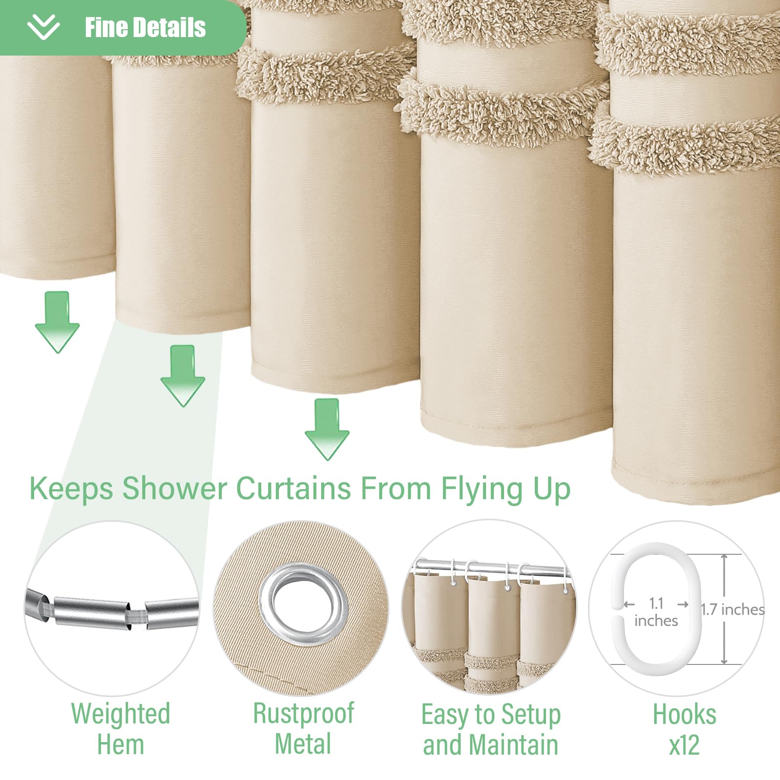 Dynamene Tenda da doccia lunga in tessuto bianco – Tende da doccia in tessuto a nido d'ape alta resistente per bagno, 256 g/m², grande, set di tende da bagno di lusso per
