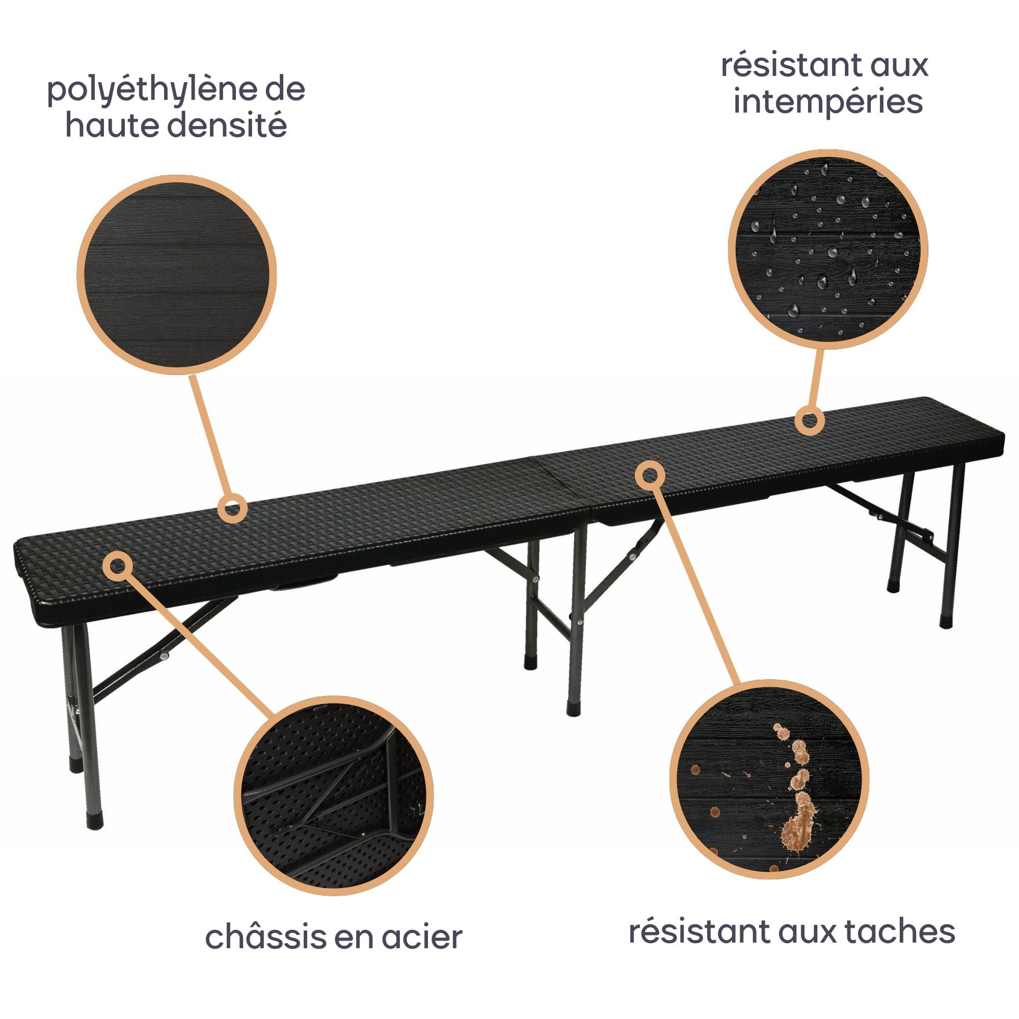Perel Banc Pliant, résistant aux intempéries, avec poignée, Aspect rotin, Max. 400 kg, Noir