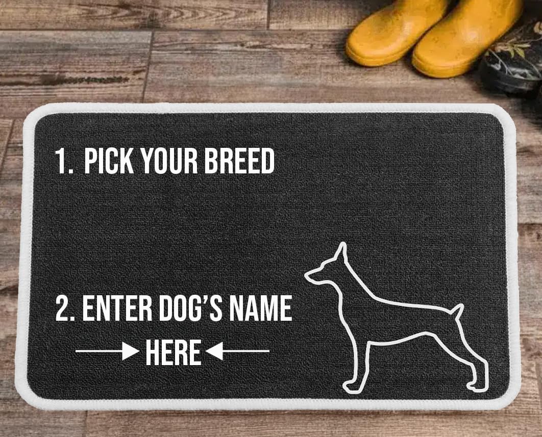 PET REBELLION | Machine Washable & Absorbent | Personalised Extra-Large Pet Feeding Mat | Customisable with Your Pet's Name | Non-Slip Backing | Doberman Charcoal — image 1