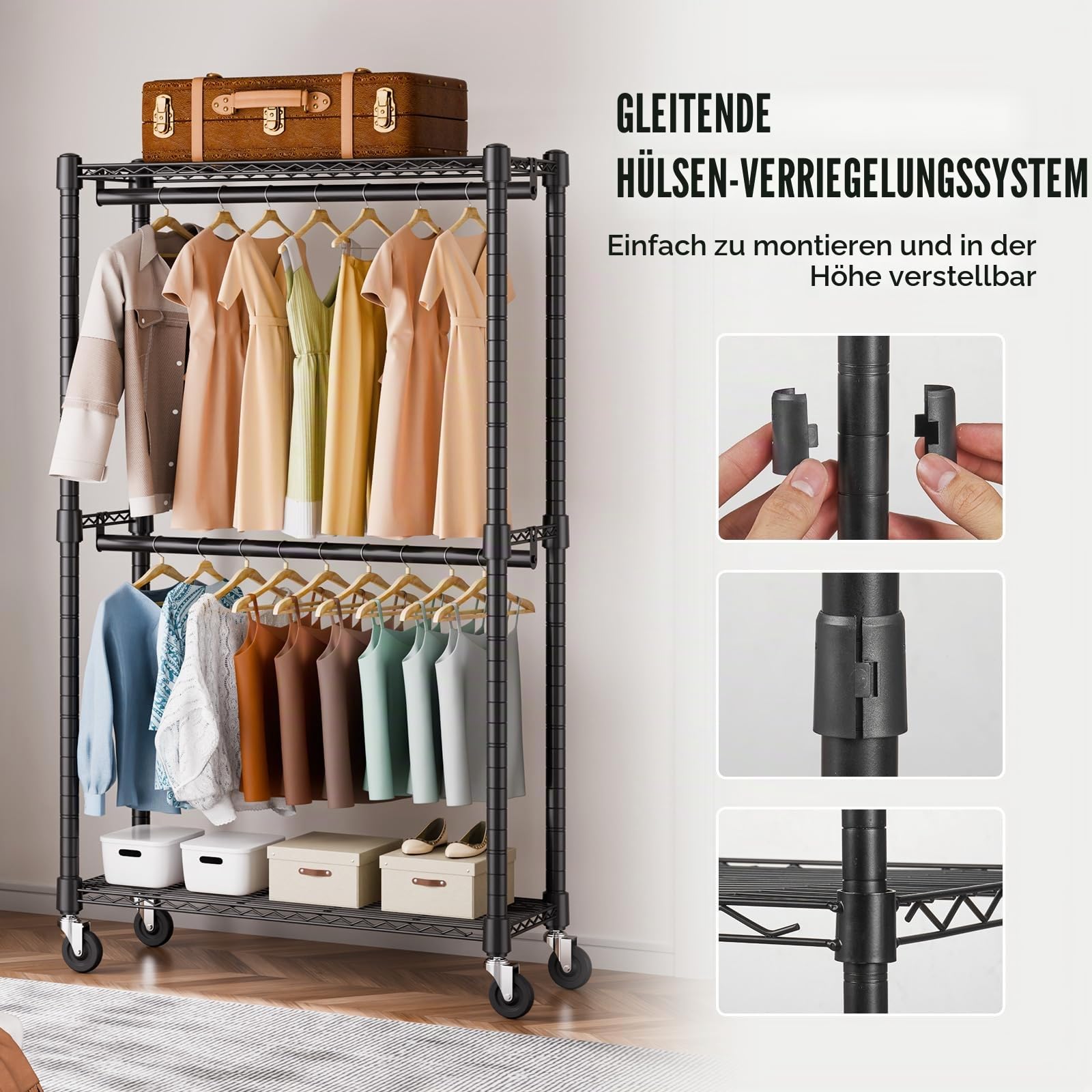 VEVOR Rollbarer Kleiderständer Garderobenständer 1 Kleiderstange, 2-lagig, 136 kg Belastbar Strapazierfähiger Rollbarer Kleiderständer für Schlafzimmer, Wäscheraum, Ankleidezimmer, Eingang usw.