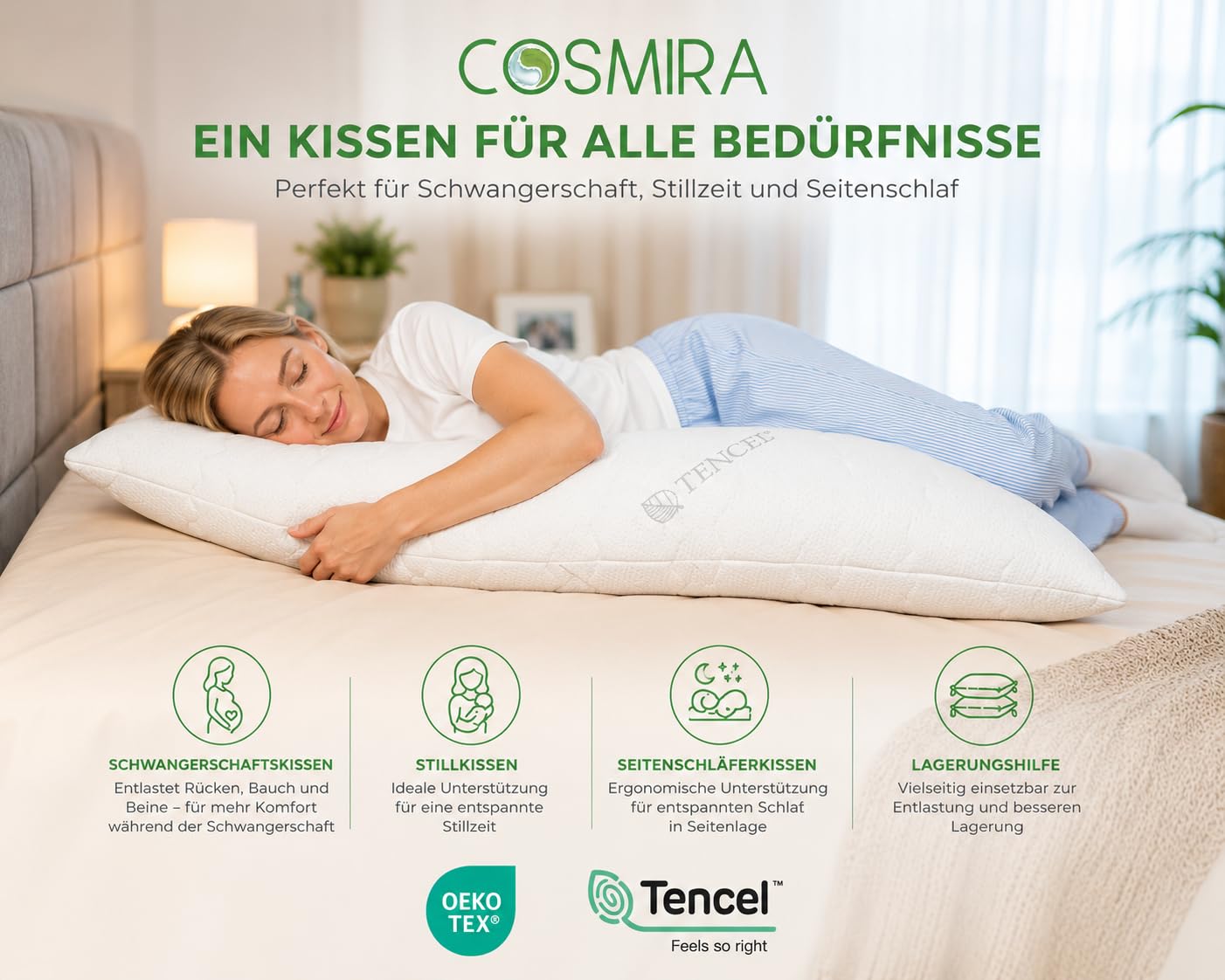 Premium Seitenschläferkissen 165 cm – Ergonomisches Körperkissen mit verstepptem Tencel Bezug – anschmiegsam & atmungsaktiv – Allergikerfreundlich, waschbar, Oeko-TEX Zertifiziert