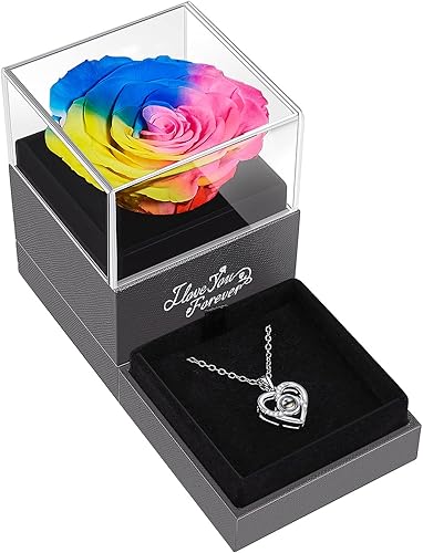 Miniatura 2 de Rosa arcoíris real preservada con collar con texto en inglés "I Love You", regalos de rosas eternas para mamá, esposa, novia, regalos románticos