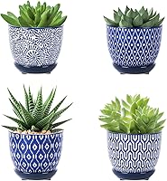 Selamica Ceramic Succulent Pots 3.5 Inch with Drainage Holes & Saucers - Set of 4 Vintage Blue for Cactus, Indoor Plants & Home Decor