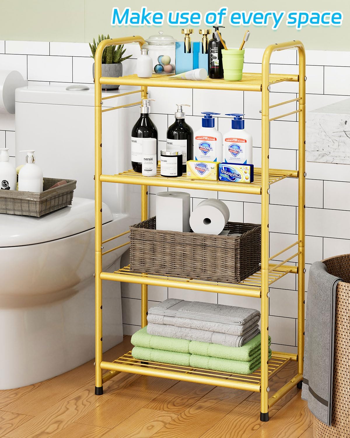 4 Tier Wire Shelving Storage Rack Outdoor Indoor Waterproof, Stackable Heavy Duty Steel 17.7-Inch Bathroom Shelf Organizer, Perfect for Kitchen Pantry Closet, Gold