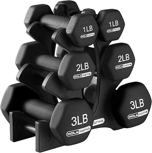 Miniatura 23 de HolaHatha Juego de pesas de mano de neopreno de 2, 3, 5, 8 y 10 libras con soporte, ideal para ejercicios en casa para ganar tono y definición, Azul