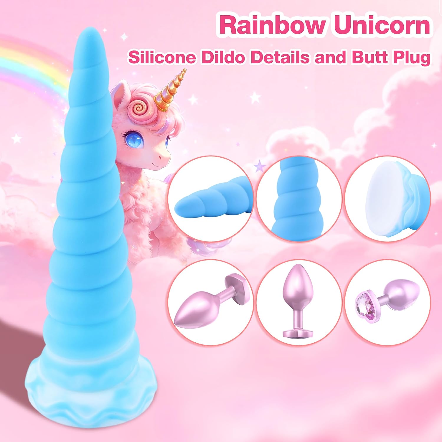 Sex Machine Unicorn Monster Dildo Adult Toy: Suction Cup Silicone Dildo (for Women), Fantasy Dildo (Psychedelic Colors), Includes Suction Cup Adapter and Butt Plug (Blue)