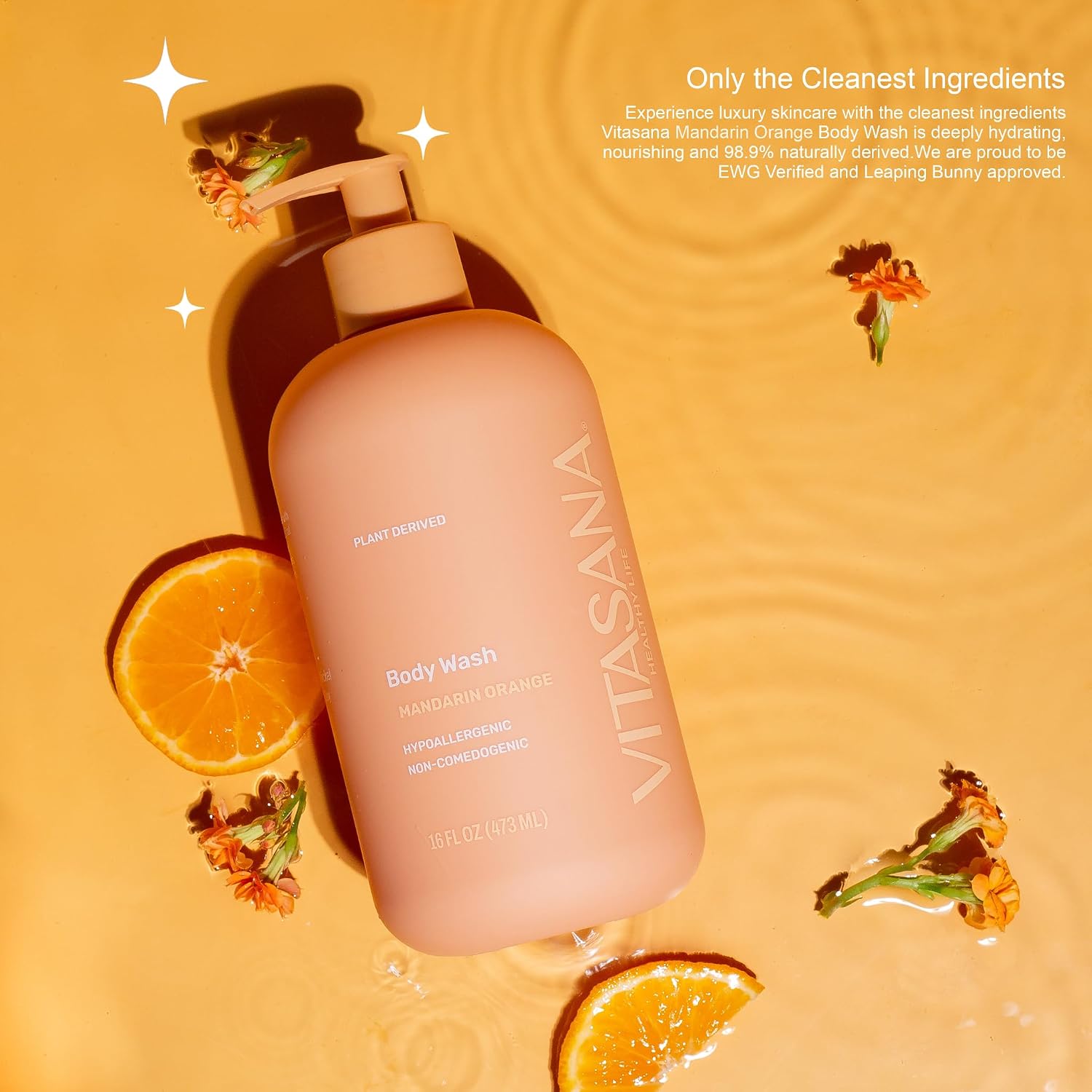 Natural Body Wash for Sensitive Skin, 16 oz – Mandarin Orange Scent, 98.9% Plant‑Derived, EWG Verified, Hypoallergenic, Paraben‑Free, Sulfate‑Free, Cruelty‑Free