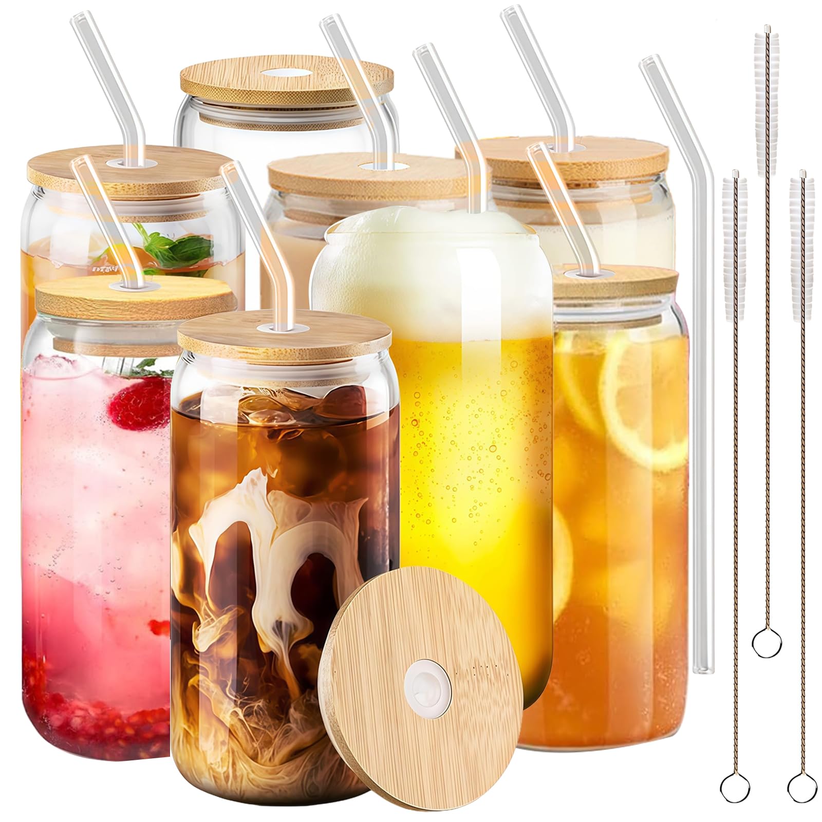 MEETOZ 8 Set 500ml Finew Glass Cups with Bamboo Lids and Glass Straws,Reusable Can Shaped Glass Cups Set,for Smoothies, Beer, Cola, Juice, Soda