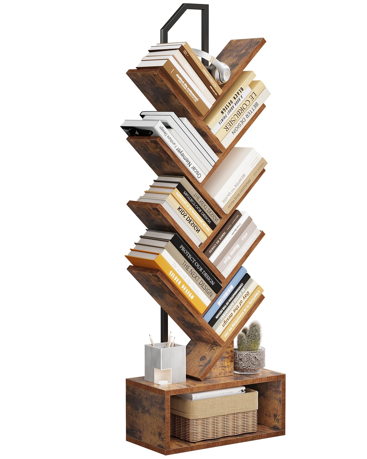 Coleshome Tree Bookshelf, 8-Tier Floor Standing Bookcase, Bookcases suitable for bedrooms and living rooms, Wooden bookshelves suitable for bedrooms and living rooms,Brown