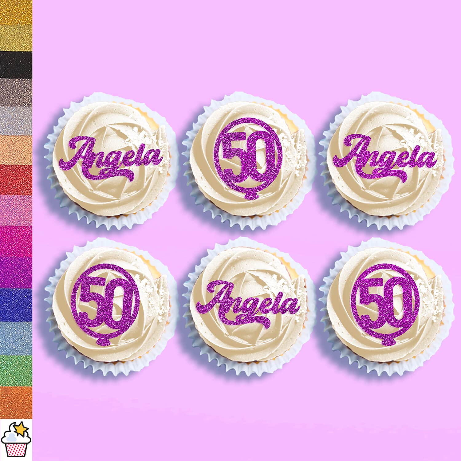 Cakeshop, 6 decorazioni per cupcake personalizzate su entrambi i lati, fatte a mano, con glitter, colore su misura, 480 g/m², di alta qualità, per cupcake, colore: viola