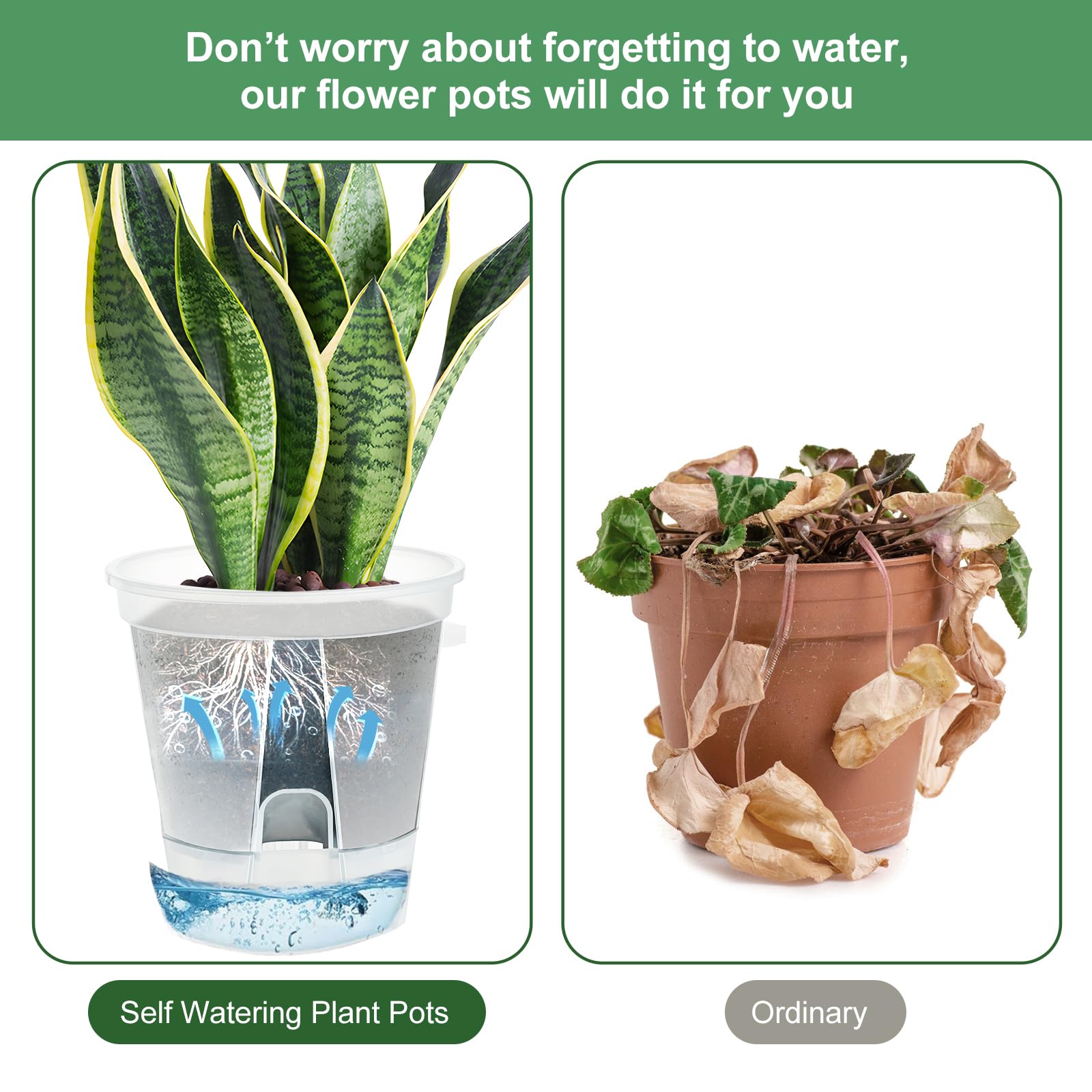 IWTTWY 3 Pack Self Watering Plant Pot, 15cm Plastic Flower Pots - Image 4