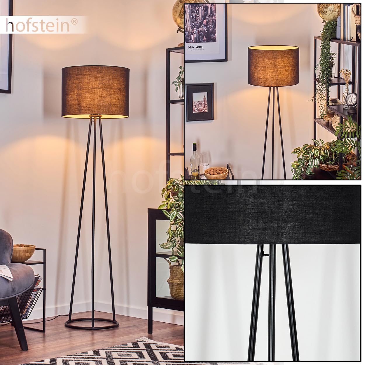 HOFSTEIN Stehleuchte Bassagoda, Stehlampe aus Metall/Stoff in Schwarz/Weiß, Leuchte im modernen Design mit rundem Schirm Ø 40 cm und Fußschalter, Höhe 152 cm, 1 x E27, Wohnzimmer, Schlafzimmer