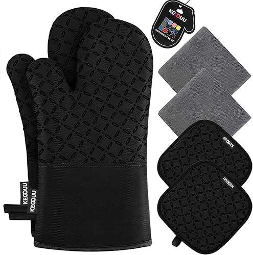 Miniatura 1 de KEGOUU Juego de 6 guantes de horno y soportes para ollas, guantes de horno de cocina de alta resistencia al calor, 500 grados extra largos para