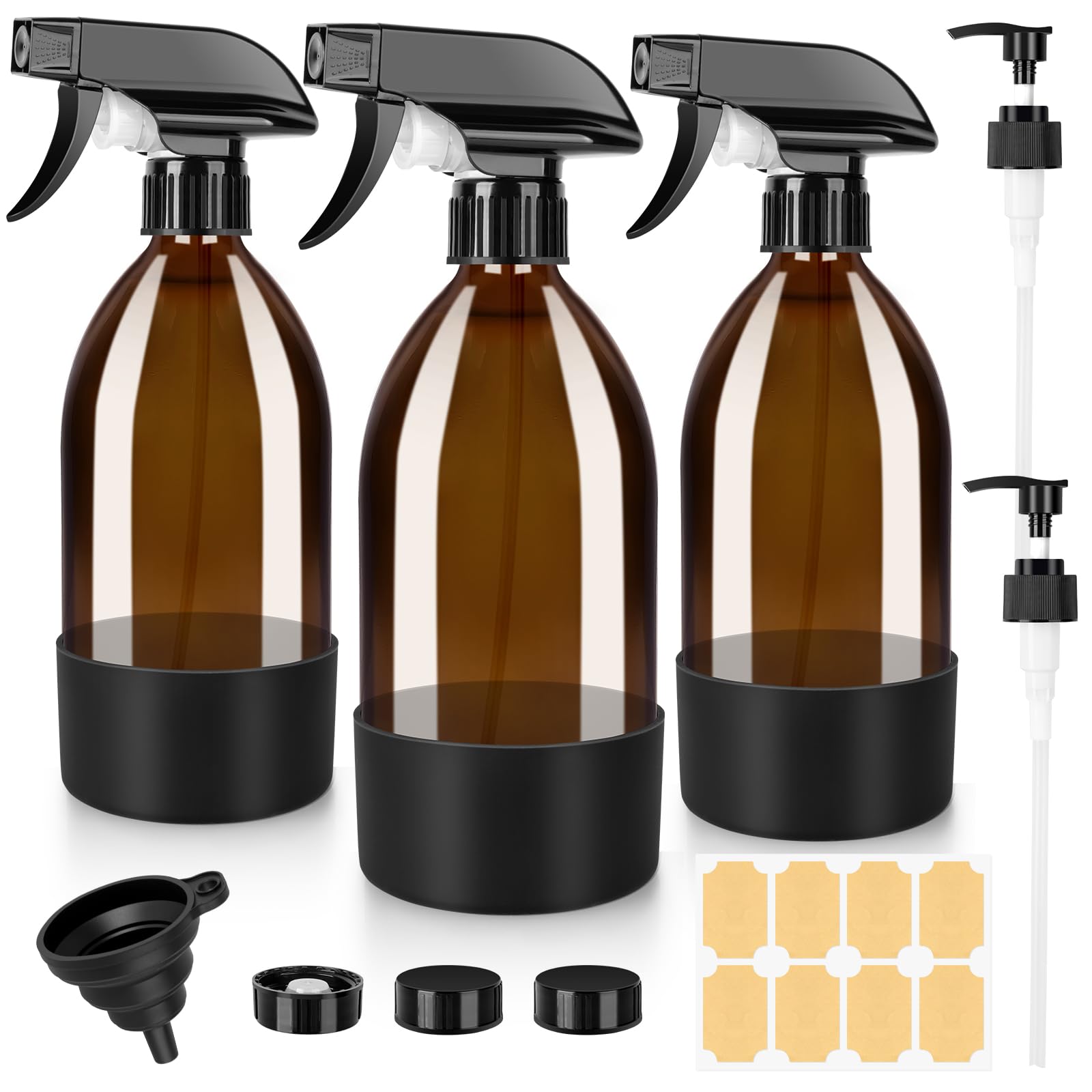 BELICOO Amber Glass Spray Bottles 3 Pack, 500ml Glass Spray Bottles for Cleaning, Plants, Essential Oils, Hair Care, Refillable Empty Spray Bottle with Adjustable Nozzle for Squirt and Mist
