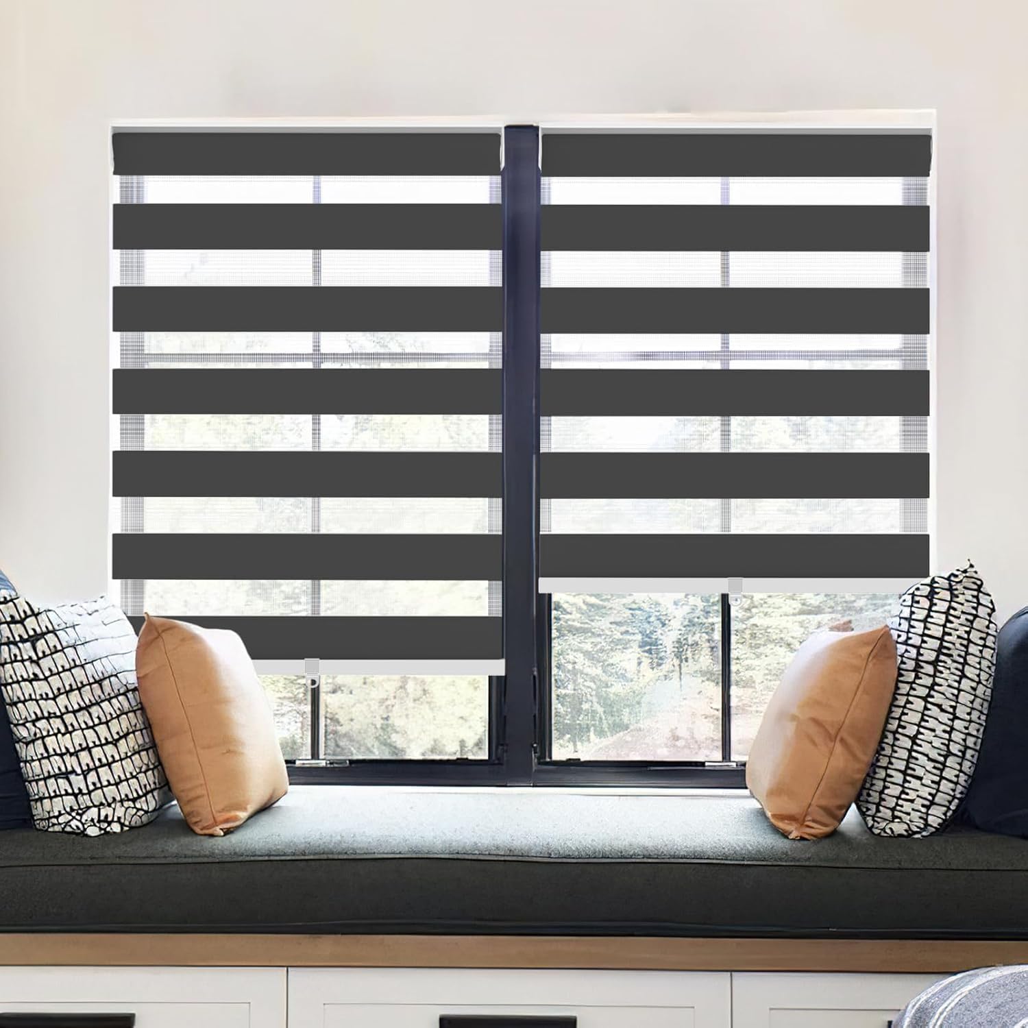 Zebra Blinds for Windows Blackout Window Roller Blinds & Shades Cordless Blinds with Light Control Day and Night Dual Layer Sheer Privacy for Room Darkening. Black,40 1/2" W x 64" H
