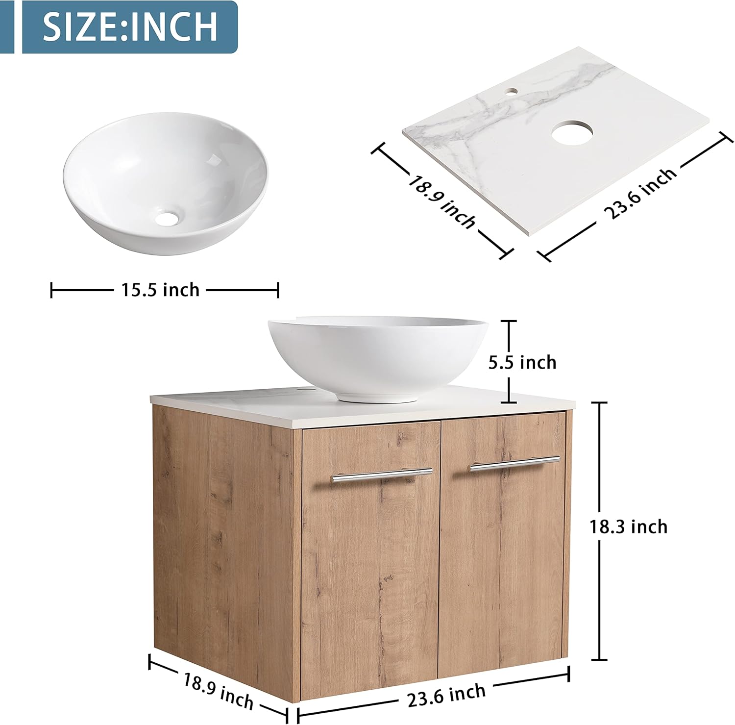 24" Floating Vanity with Sink, 24 Inch Bathroom Vanity with Sink, Modern Plywood Floating Cabinet with Sintered Stone Countertop and White Ceramic Basin, Soft Close Doors