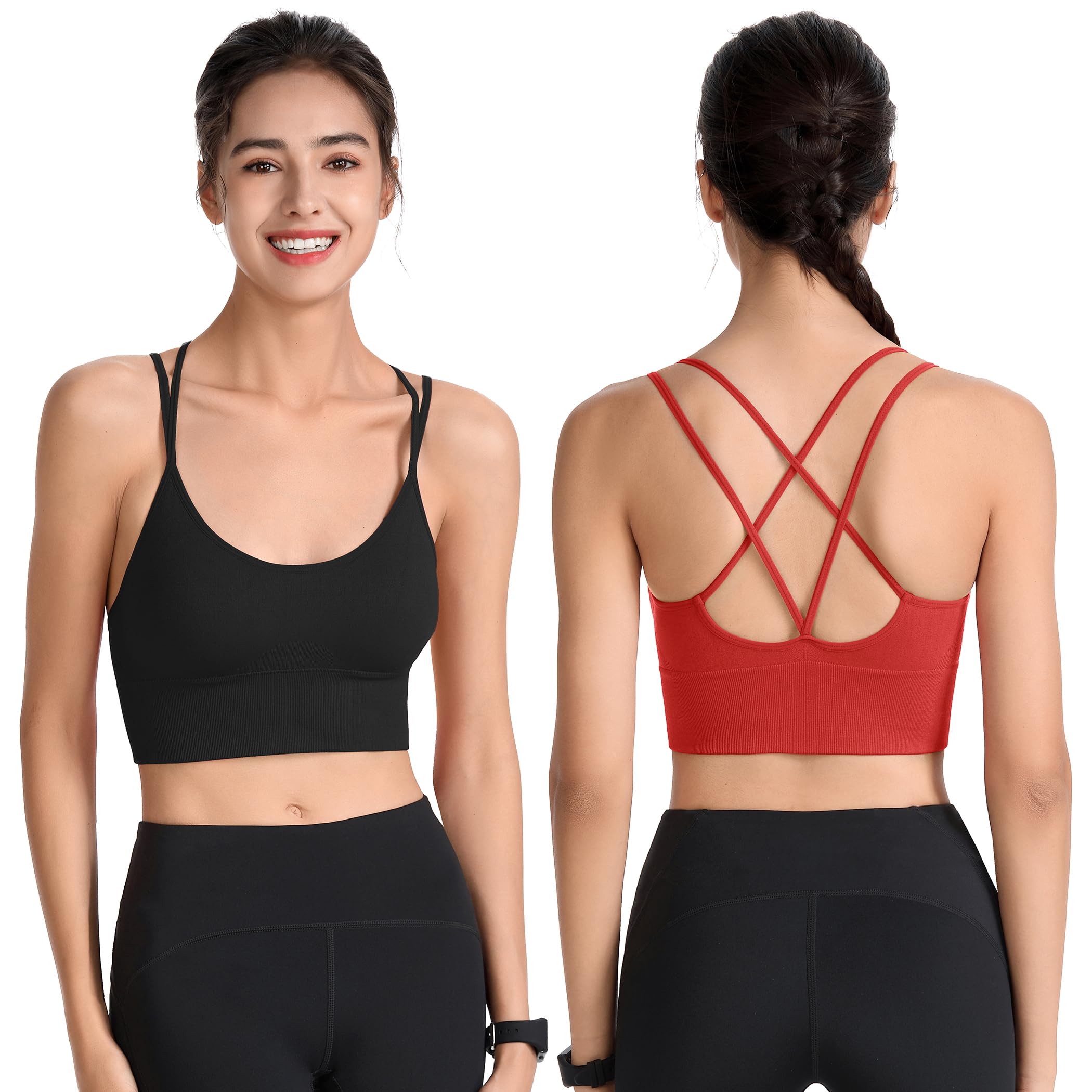 Sujetadores deportivos acolchados para mujer, con tiras cruzadas, espalda cruzada, para yoga, entrenamiento, fitness, correr, gimnasio, parte superior de bajo impacto, Paquete de 4, negro, morado,