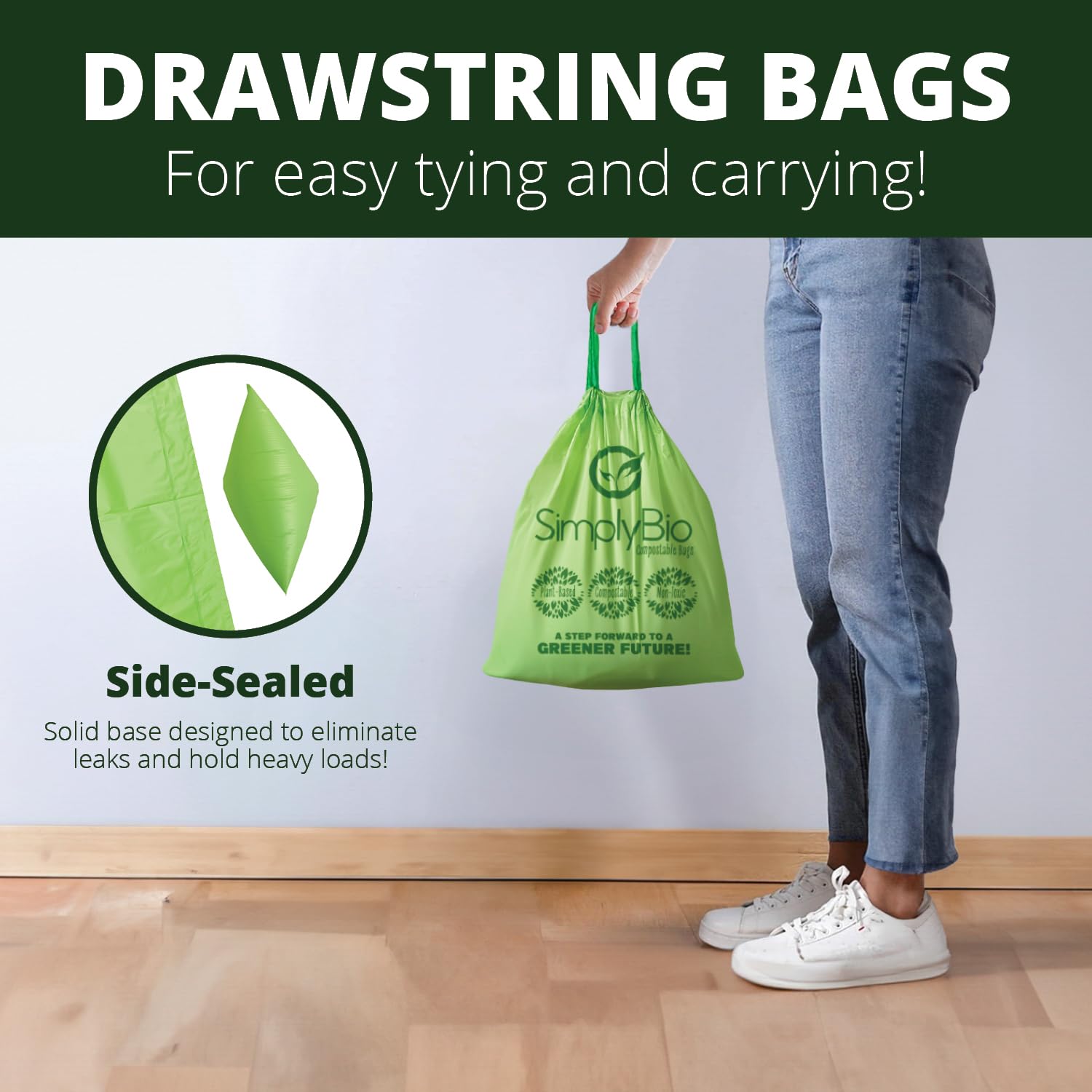 Bolsas de basura compostables con cordón, ecológicas, resistentes (50 unidades)