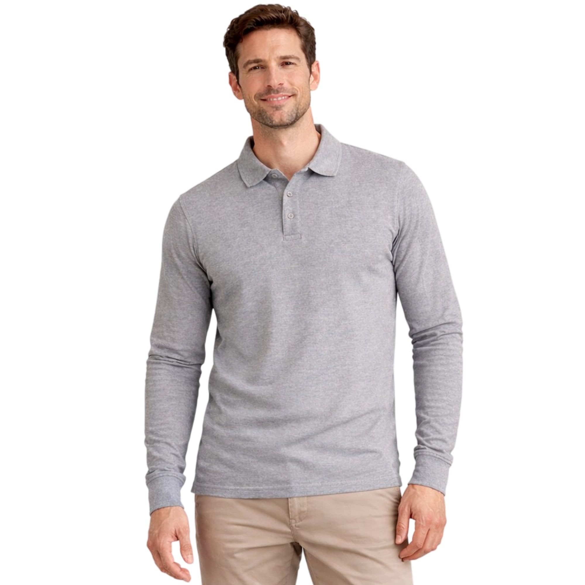 G5 APPAREL Men’s Long Sleeve Cotton Polo Shirt – Classic Regular Fit Polo with Ribbed Collar & Cuffs, 3 Button Placket Grey