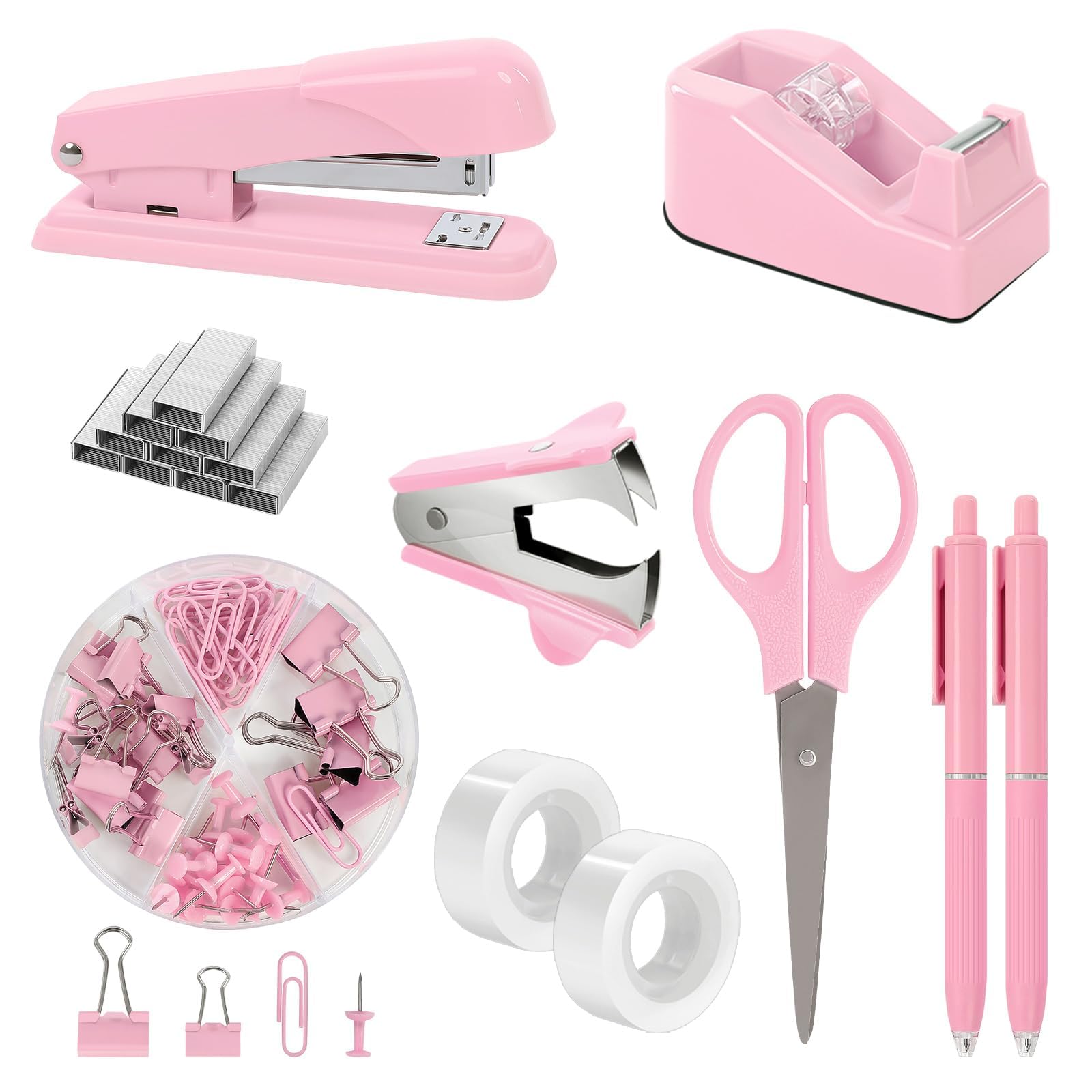 SKYDUE Pink Office Desk Accessories, Pink Office Supplies, Stapler, Tape Dispenser, Scissors, Clips and 1000pcs Staples,Office Supplies for Desk for Women