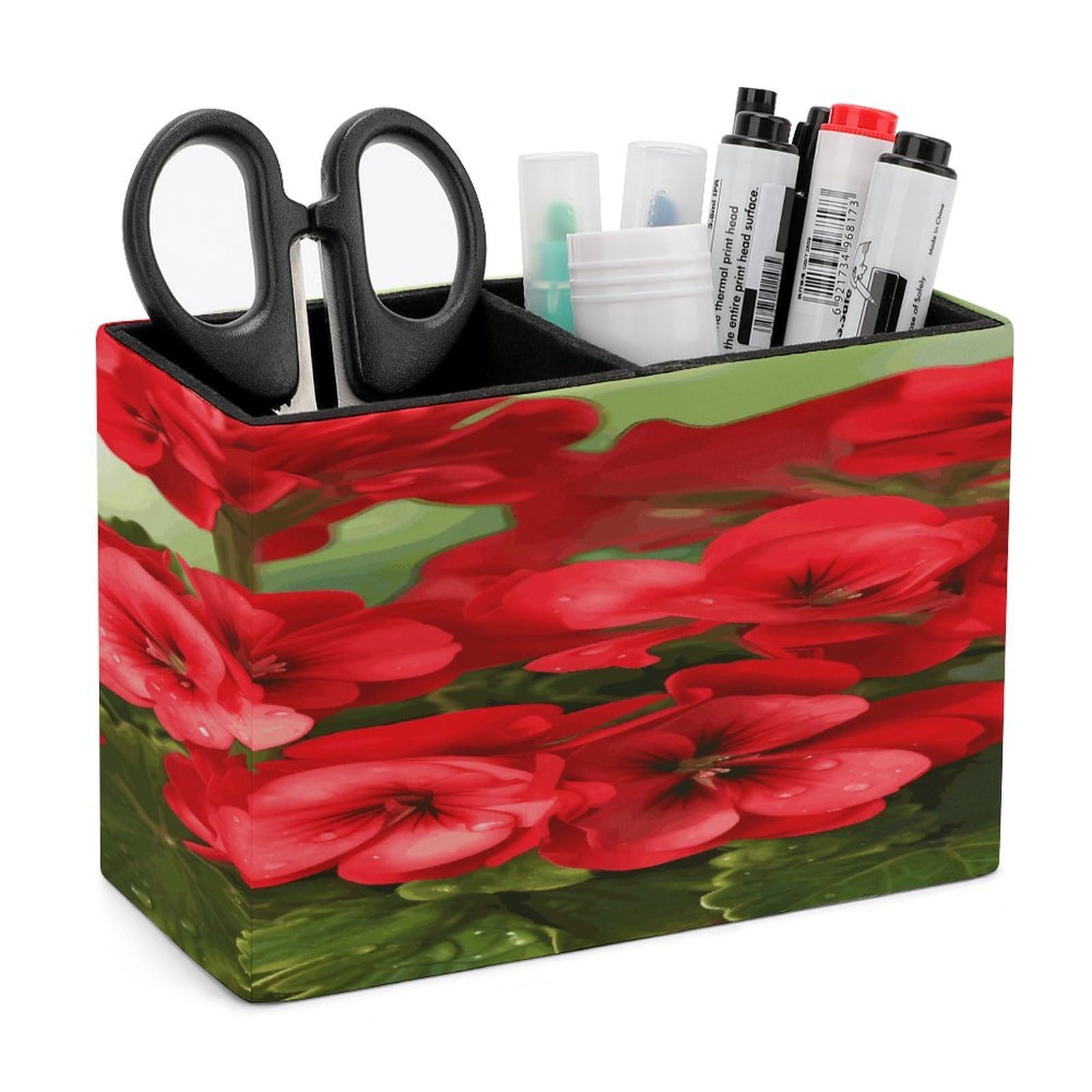 FekiLoot Red Geraniums Leather Pen Holder for Desk Double Compartments Brush Minimalist PU Leather Pencil Holder Locker Organizer for Work Locker Accessories Pencil Cup for Desk