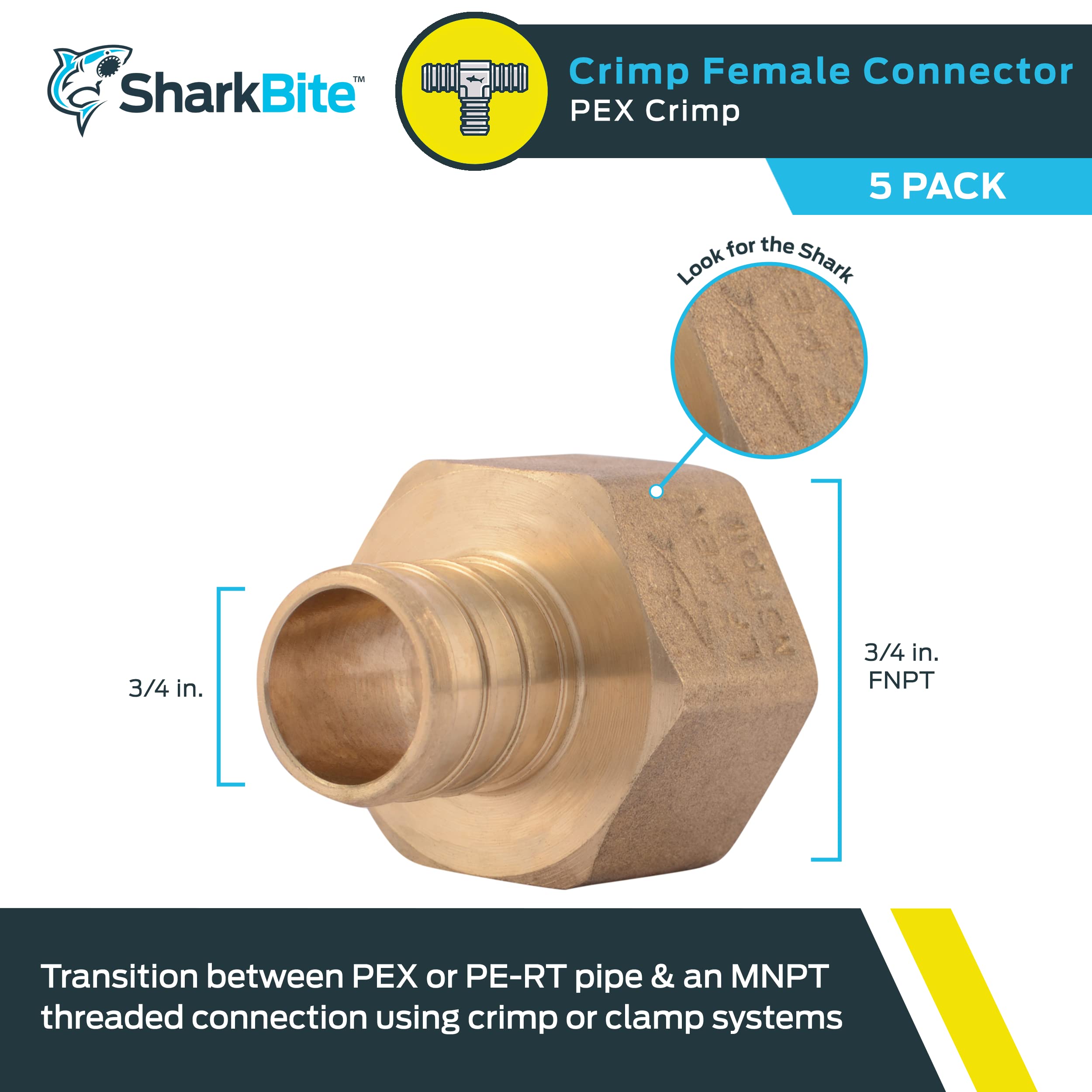Barbed Pipe PEX Thread Adapter, Brass, 3/4-In. Barb Insert x 3/4-In. Female Pipe, 5-Pk. -UC088LFA5