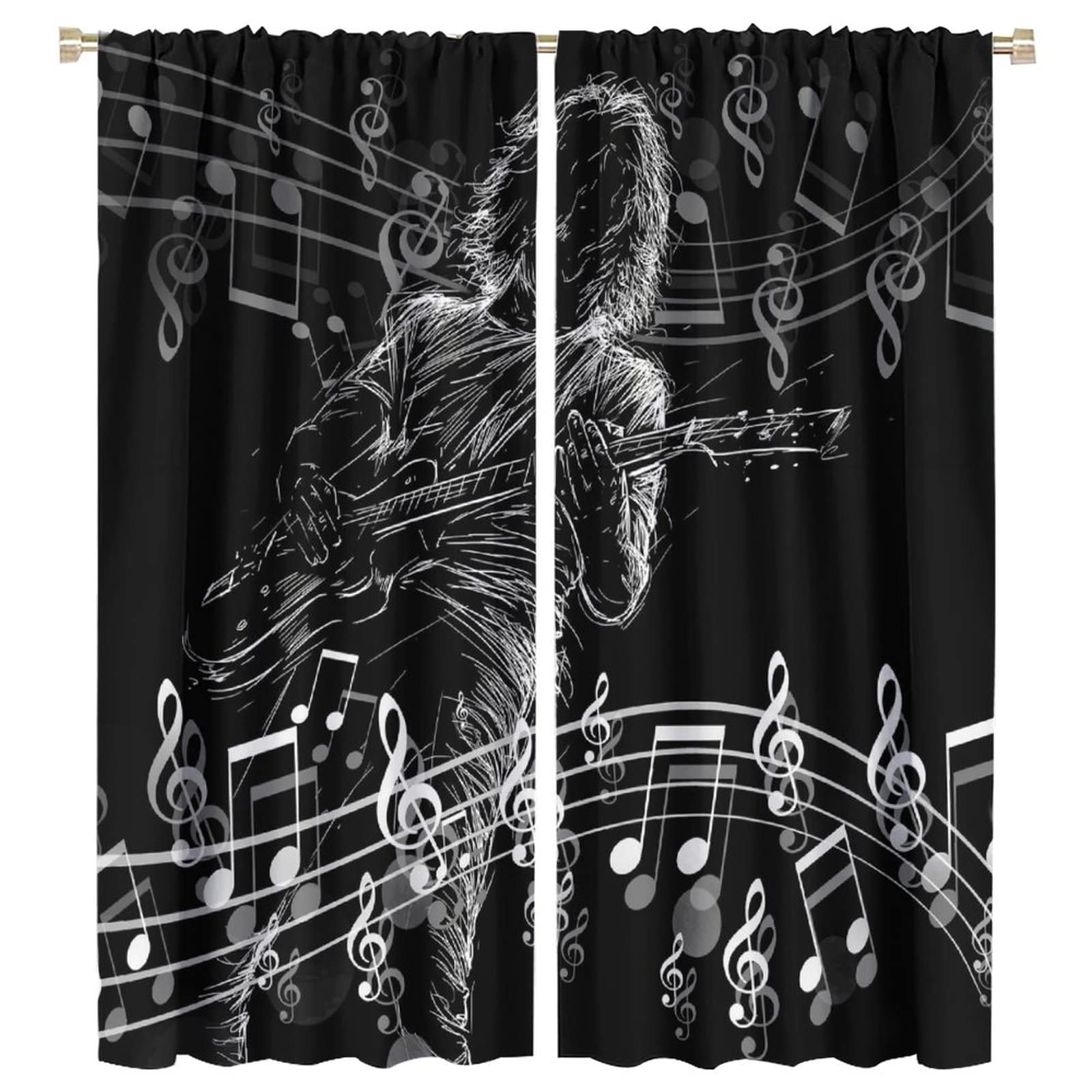 Guitar Music Blackout Curtains,Rock Roll Music Musical Notes Instrument Punk Window Treatments Curtains for Kids Teens Boys Bedroom Living Room Decor W55xL63in