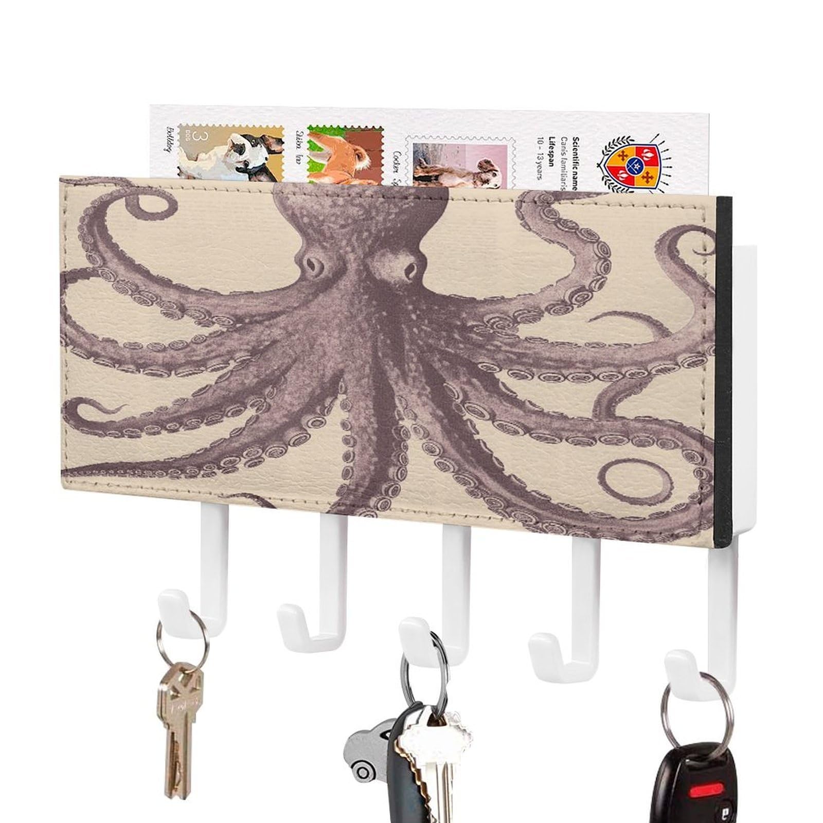 LDGSUPH Vintage Octopus Key Holder Wall Mount Key Hanger with 5 Hooks Fashion Key Organizer Rack Hanging Key Hooks with Mail Organizer Key Rack for Home Entryway Hallway White-Style