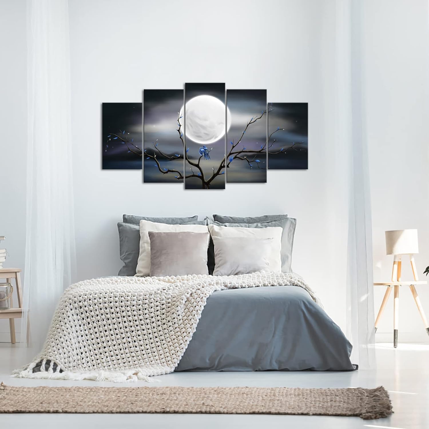 sechars 5 Pieces Canvas Prints Wall Art Big Full Moon over Ocean Landscape Painting Tree Love Birds Modern Abstact Pictures for Living Room Home Decor Gallery Wrap Ready to Hang (5 Pieces)