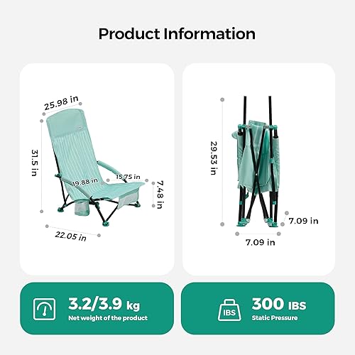Miniatura 9 de SunnyFeel Silla plegable de camping de playa baja, sillas de mochilero portátiles con respaldo de malla, soporte para tazas, bolsa de transporte