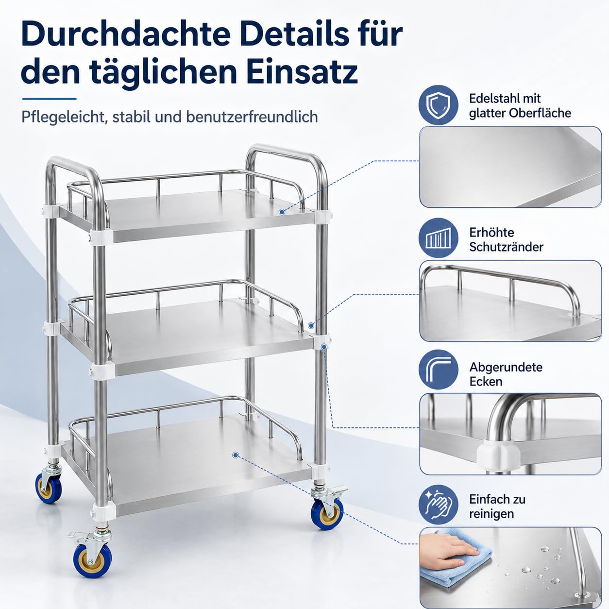 Carro de servicio de acero inoxidable con 3 niveles, 50 x 40 x 86 cm, carrito de cocina con 4 ruedas universales, 2 frenos, 25 kg por nivel, carrito de transporte para cocina, laboratorio