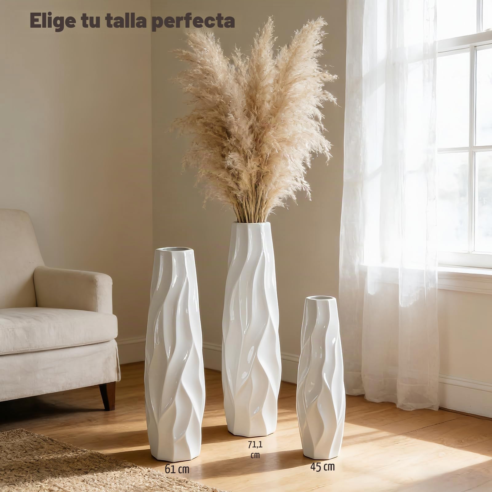 Jarrón de suelo de cerámica blanca de 60 cm para decoración de salón, flores y hierba de las pampas, diseño chic