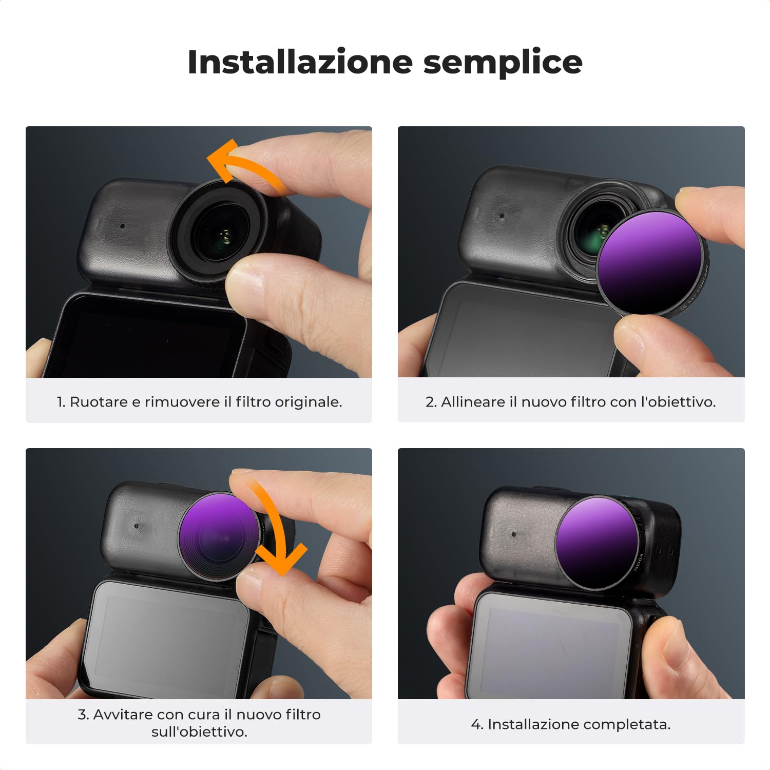 K&F CONCEPT Set di Filtri ND Compatibile con Fotocamera Vlogging DJI Osmo Nano, 4 Pezzi Filtri ND8 ND16 ND32 ND64 in Vetro Ottico HD Multirivestito, Accessori per Obiettivo di Action Camera