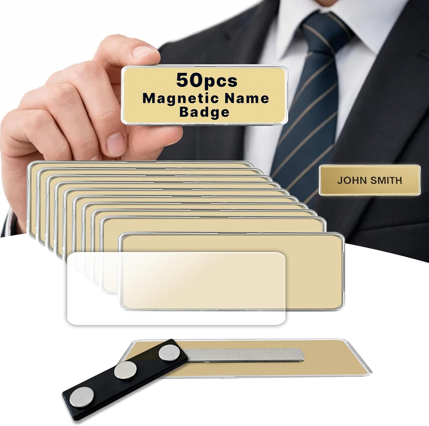CiLoN 50 Pack Magnetic Name Badge Holder + Clear Acrylic Cover. DIY Customizable Engravable Round Corners. Reusable Magnetic Name Tags for Hotels, Restaurants, Schools, Stores & Teams. Gold, 1" x 3"